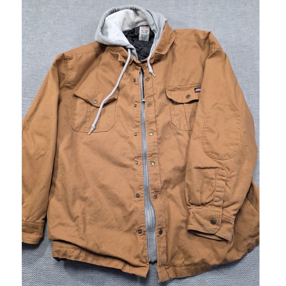 Genuine Dickies Mens‎ 3XL Brown Duck Canvas Hooded Shirt Jacket Quilted Lined